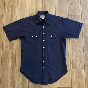 Vintage Rockmount Ranch Wear Shirt Short Sleeve Pearl Snap Western Navy Blue USA
